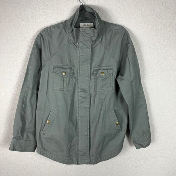 Style & Co Embroidered Roses Floral Back Utility Jacket Green Shacket Sz S - Picture 2 of 12